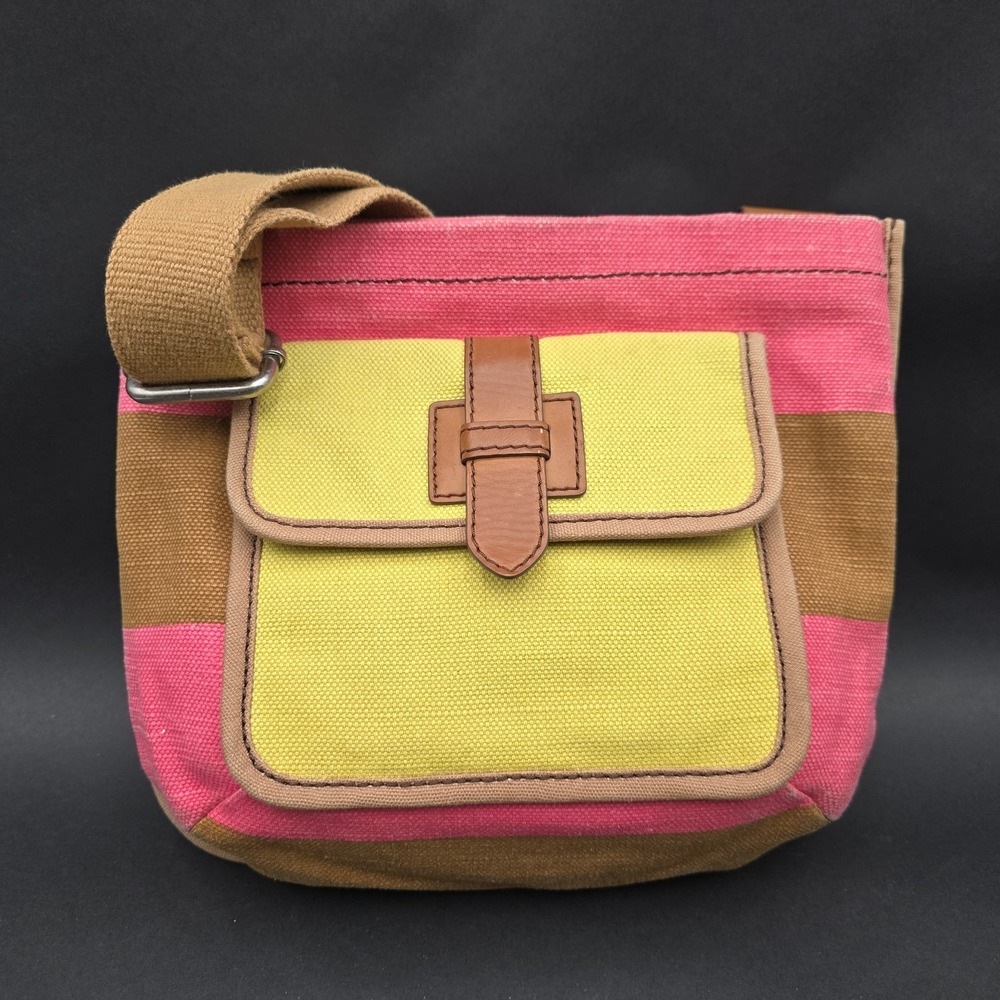 Fossil Shay Top Zip Crossbody Bag Purse Canvas Striped Pink Yellow
